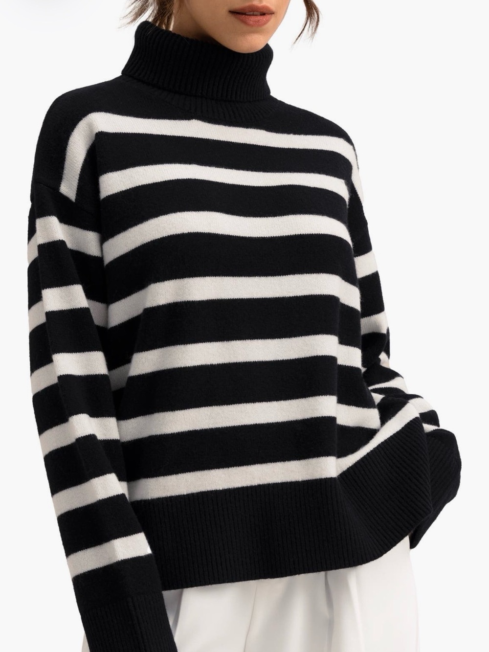 Lilysilk Tarra Black & White Stripe Turtleneck Sweater - size Small